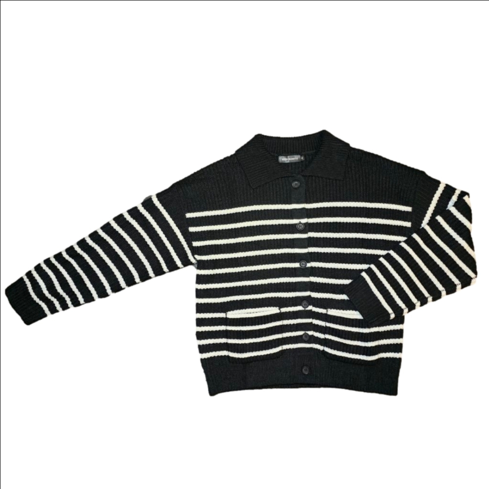 Women's MEROKEETY Black & White Striped Cardigan S
